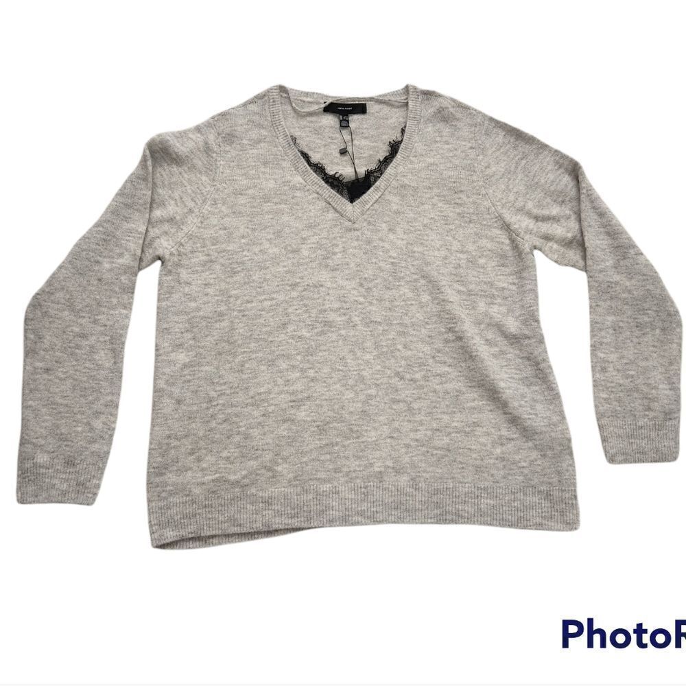 Vero Moda Ladies Size 2X Gray Black V-Neck Peekaboo Lace Sweater